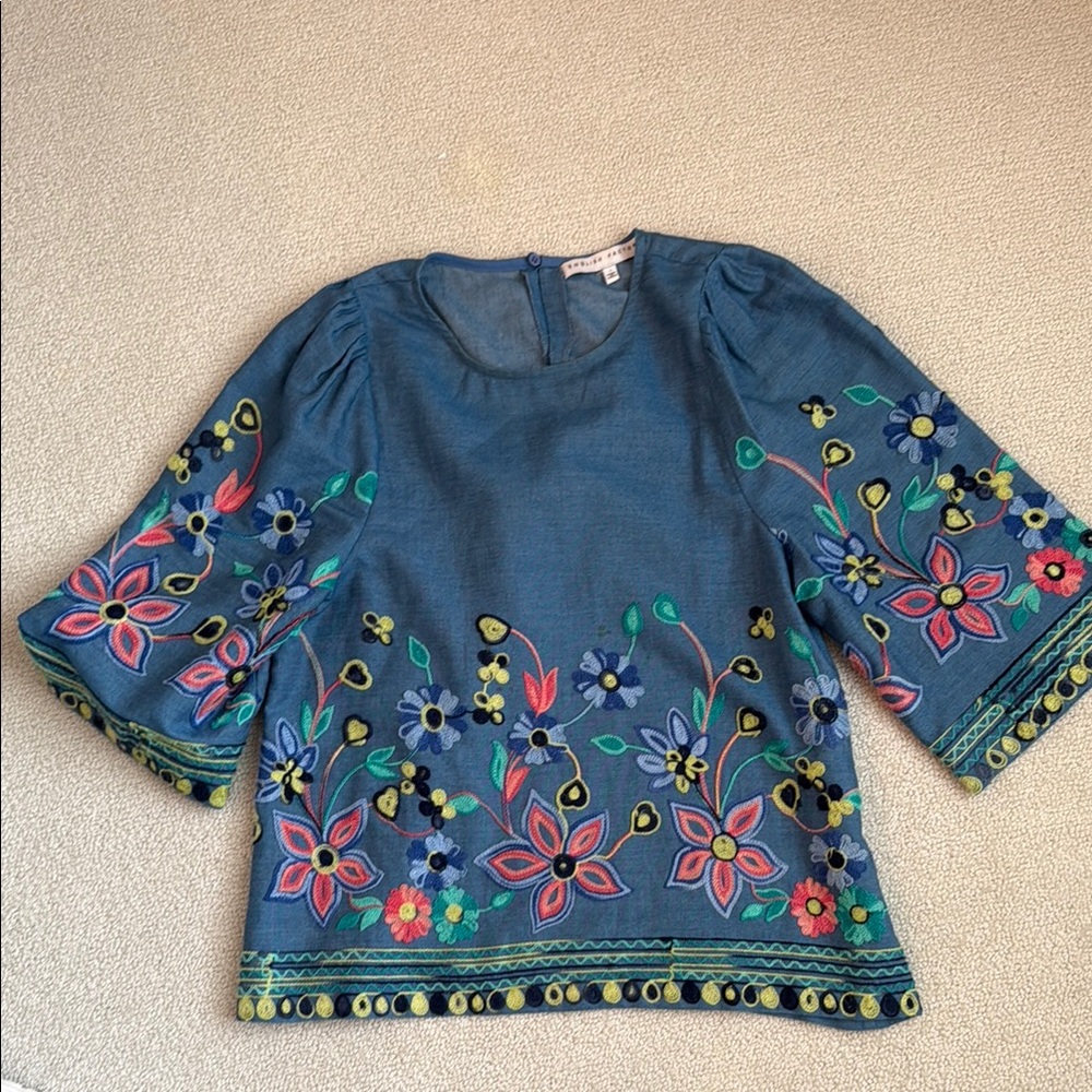English Factory Blue and Pink Puff Sleeve Embellished Blouse